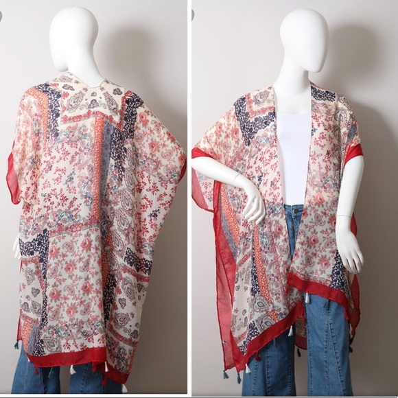 LAST 1 NEW Paisley & Flower PRINT Tassel Swimsuit Coverup Kimono Wrap Cardigan - Picture 3 of 5